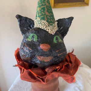 Paper mache black cat Halloween assemblage