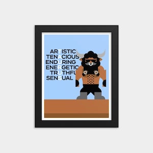 Puede incluir: Una impresión enmarcada en negro con un fondo azul claro que presenta un toro de dibujos animados con barba negra y un aro en la nariz. El toro lleva un arnés de cuero negro y botas negras. Las palabras "ARTISTIC TENACIOUS ENDURING ENERGETIC TRUTHFUL SENSUAL" están impresas en negro en el lado izquierdo de la imagen.