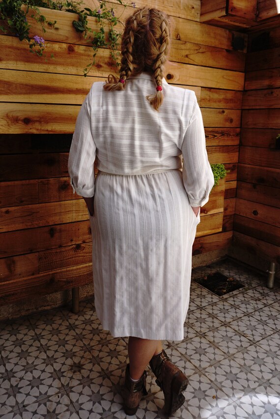 White vintage 1970s bib ruffle shirtwaist peasant dress by I.Magnin for Nonstop