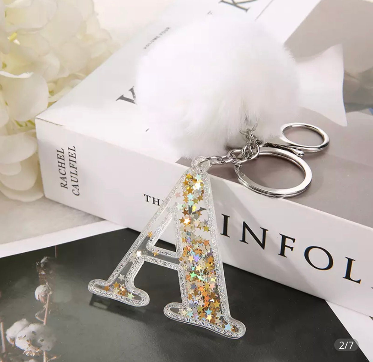 Acrylic Glitter Pom Pom Keychain Letter Etsy UK