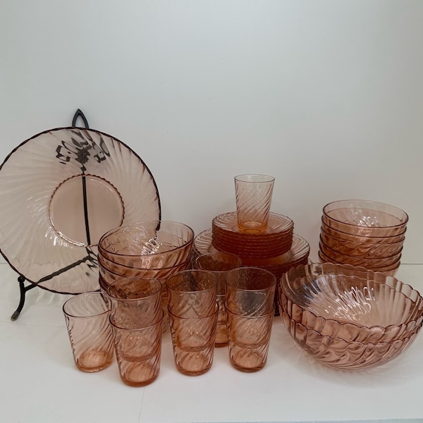 Vintage Arcoroc Pink Swirl ACO17 France Depression Rosaline Plates, Bowls, Juice, Luncheon, Salad, Serving