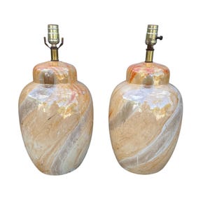 Vintage &quot;Marble&quot; Translucent Glazed Porcelain Table Lamps Pair of 2 Italy