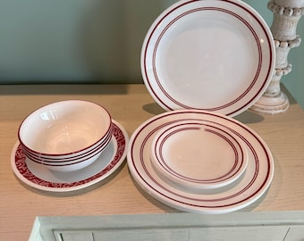 Choice Corelle Dinner Plates, Luncheon Plate, Salad Plate, Cereal Bowls, Ruby Red and Bandhani Pattern