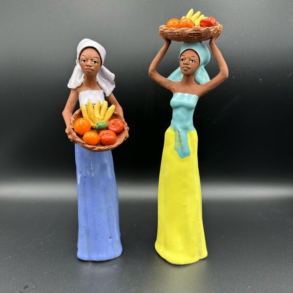 Vintage African woman carrying basket Folk Art Pottery Red Clay Glazed Sculpture Set of 2