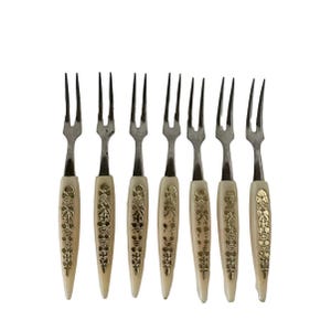 Vintage Bakelite cocktail forks Appetizer Olive Picks Spears Stainless, set/7