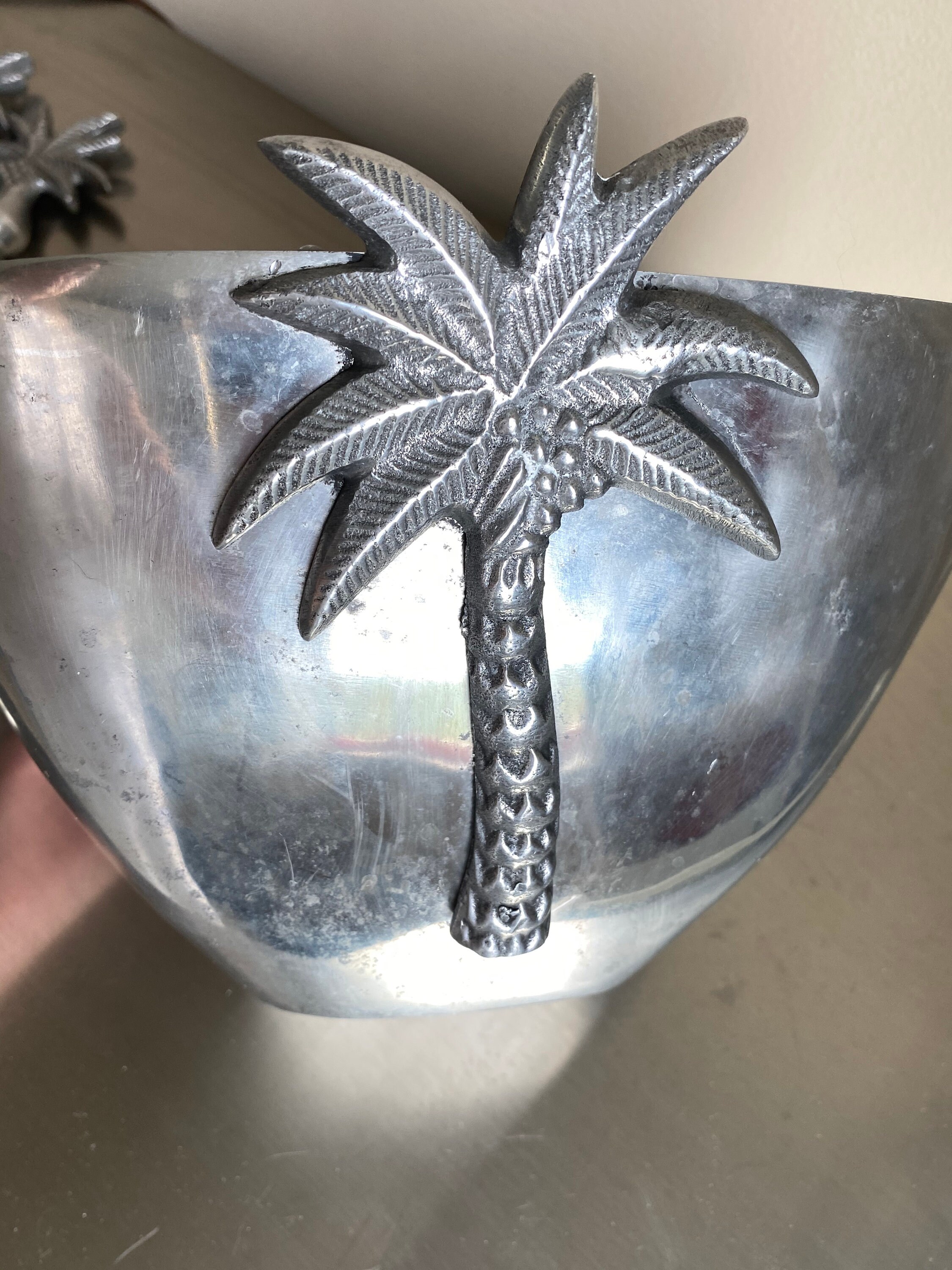 Pewter Palm Tree serving set salad bowl servers Etsy