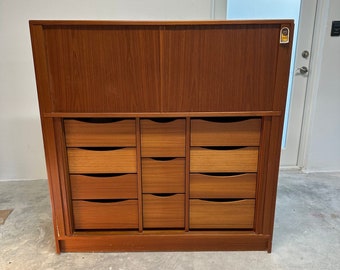 Danish Modern Midcentury Teak Bachelors Chest by Poul Hundevad 8203 Tambour Doors