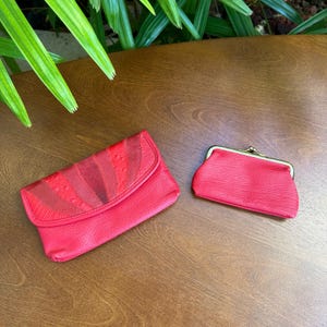 Vintage 1980s Red Leather Clutch Handbag with Attachable Coin Purse
