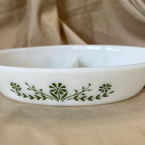 Vintage Glasbake Divided Baking Dish White with Green Flowers