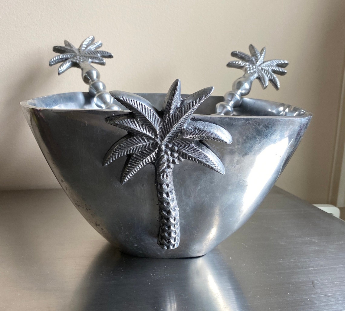 Pewter Palm Tree serving set salad bowl servers Etsy