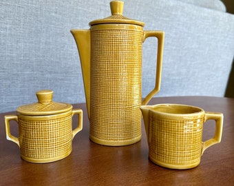 Vintage MCM Royal Sealy Coffee Tea Set Made in Japan Pitcher, Sugar, Creamer Tan Gold Burlap