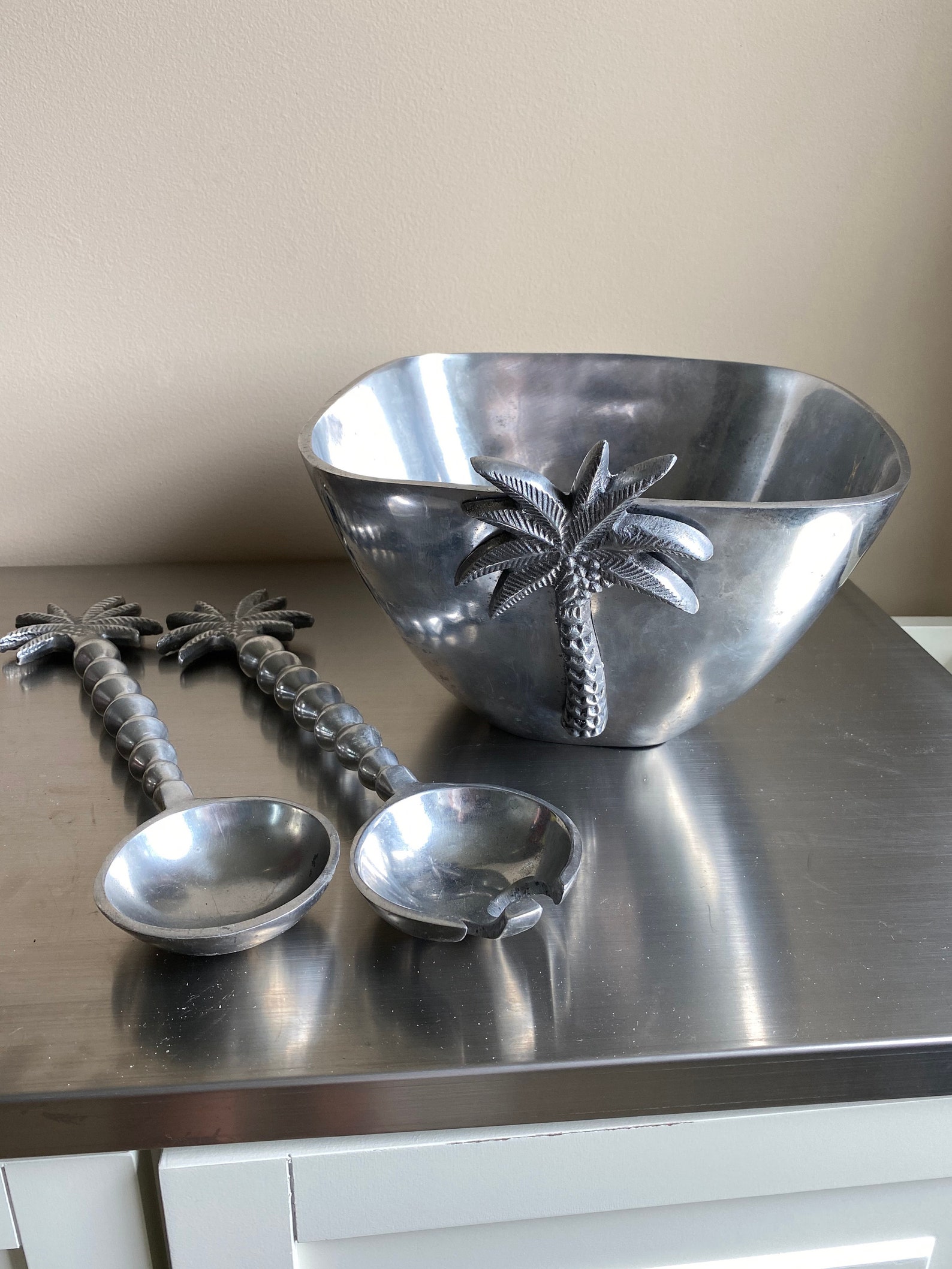 Pewter Palm Tree serving set salad bowl servers Etsy