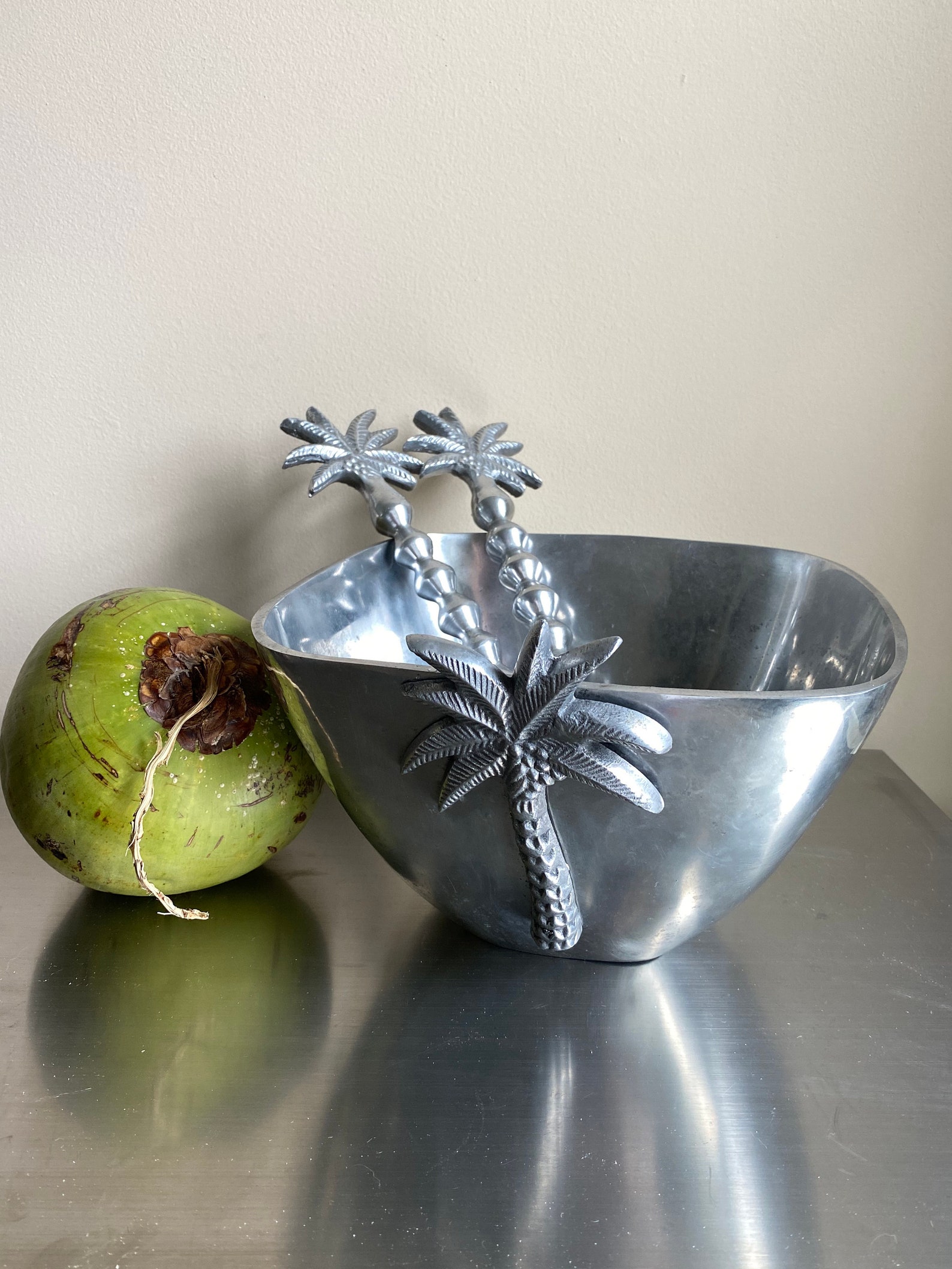 Pewter Palm Tree serving set salad bowl servers Etsy