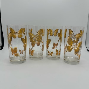 Vintage MCM Butterfly Drinking Glasses Mid Mod 1970s Gold on Gold Tumblers Set/4