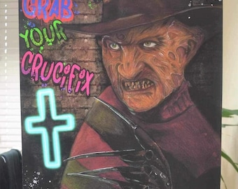 May include: A black and white illustration of Freddy Krueger, the fictional character from the Nightmare on Elm Street horror film series. He is wearing a brown fedora hat, a red and green striped sweater, and a glove with razor-sharp blades. The background is a brick wall with graffiti that reads "Five, Six, Grab Your Crucifix". A neon green cross is in the lower left corner of the image.