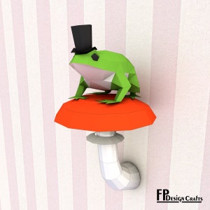 Frog with hat on a mushroom, DIY frog Head, Low Poly frog & mushroom 3D Origami frog Wall Decor - Printable PDF Download image 1