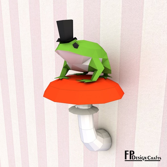 Frog with hat on a mushroom, DIY frog Head, Low Poly frog & mushroom  3D Origami frog Wall Decor - Printable PDF Download