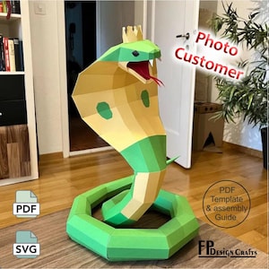 King Cobra fai da te, serpente Low Poly, modello 3D Origami King Cobra Decor serpente 3D papercraft Download PDF stampabile