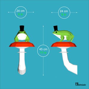 Frog with hat on a mushroom, DIY frog Head, Low Poly frog & mushroom 3D Origami frog Wall Decor - Printable PDF Download image 6