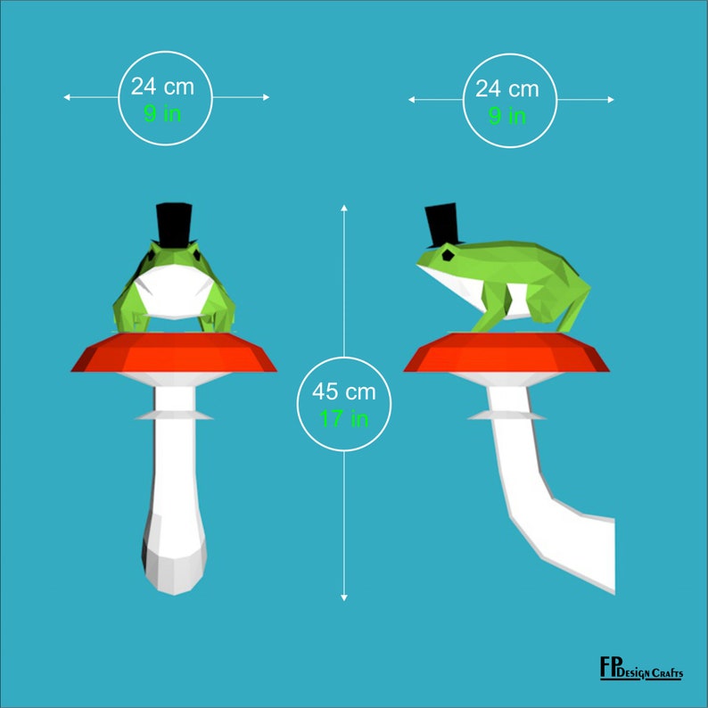 Frog with hat on a mushroom, DIY frog Head, Low Poly frog & mushroom 3D Origami frog Wall Decor - Printable PDF Download image 6