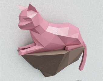 Cat on a Stone Papercraft, 3D DIY origami, Sculpture, low poly cat, paper crafts template