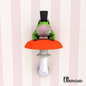 Frog with hat on a mushroom, DIY frog Head, Low Poly frog & mushroom 3D Origami frog Wall Decor - Printable PDF Download image 4