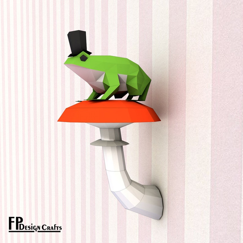 Frog with hat on a mushroom, DIY frog Head, Low Poly frog & mushroom 3D Origami frog Wall Decor - Printable PDF Download image 5