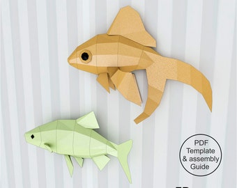 Pesci papercraft 3D, decorazioni per la casa kit fai da te, pesci Low Poly, decorazioni murali origami 3D, download PDF stampabile,