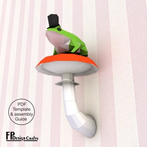Frog with hat on a mushroom, DIY frog Head, Low Poly frog & mushroom 3D Origami frog Wall Decor - Printable PDF Download image 3
