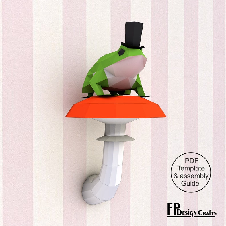 Frog with hat on a mushroom, DIY frog Head, Low Poly frog & mushroom 3D Origami frog Wall Decor - Printable PDF Download image 2