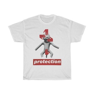 May include: White t-shirt with a red graphic of a baby with hands covering its face and mouth. The text "protection" is printed in red below the graphic.