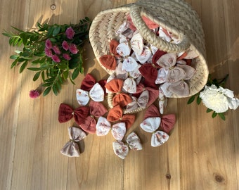 Organic cotton gauze bow barrettes, fine hair clips, croco clip