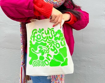 Focus On You Tote Bag | Cute Trendy Canvas Tote | Minimalist Floral Reuseable Canvas Tote Bag | Positive Quote | College Tote | Shopping Bag