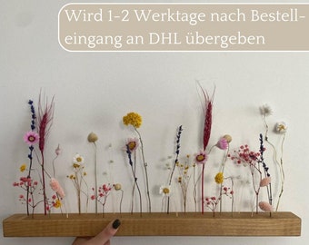 Blumenleiste mit bunten Trockenblumen MIT WANDHALTERUNG | Flowergram | Blumenwiese | Tischdeko | Wanddeko | getrocknete Blumen | Holzleiste