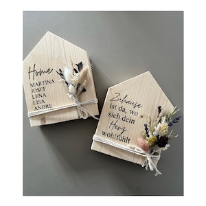 Dekohaus aus Holz mit Trockenblumenstrauß | Einzugsgeschenk | personalisiertes Geschenk zum Umzug Einzug | Hochzeitsgeschenk