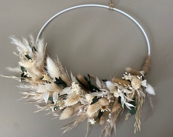 Trockenblumenkranz | floral hoop | einseitig gebunden | Trockenblumenring | beige | weiß | Pampasgras | Eukalyptus | Türkranz