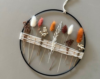 Metal ring with dried flowers and yarn | Autumn decoration | white brown dark orange | Dried flower wreath | window wreath | flower meadow | door wreath