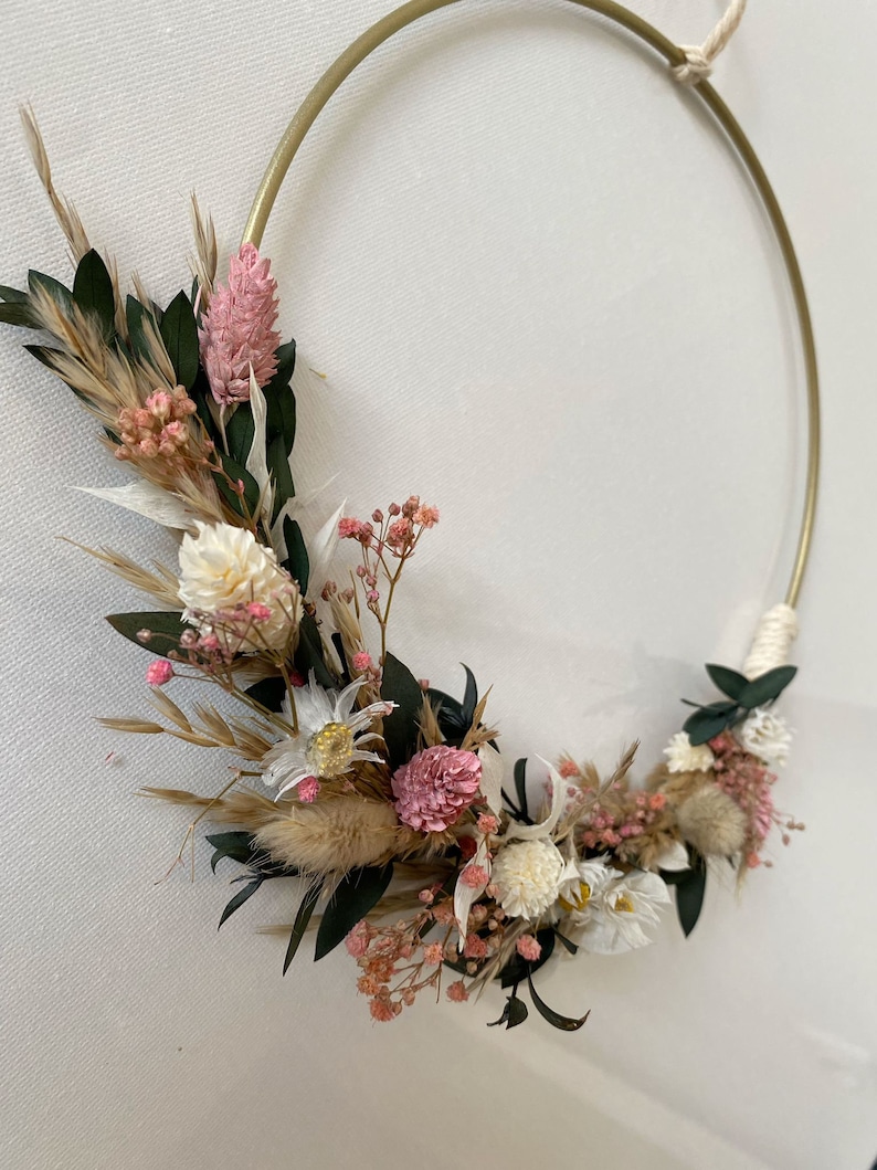 Dry flower wreath summer autumn tied on one side pink white Pampas grass Eucalyptus Door wreath Flower wreath Flower decoration Wall decoration image 2