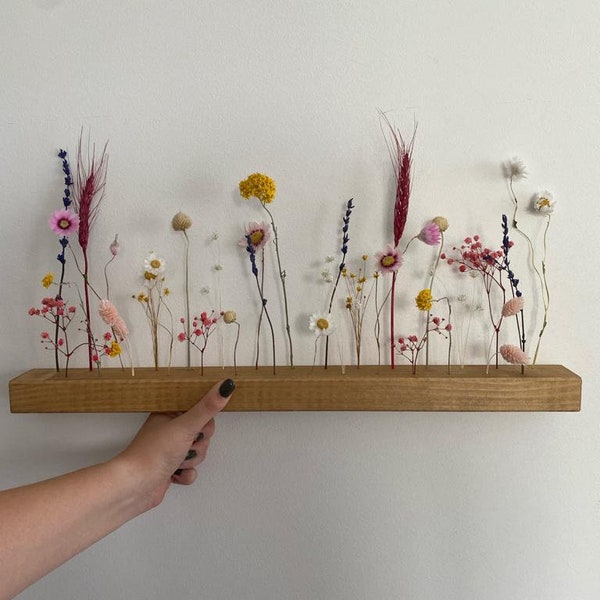 Blumenleiste mit bunten Trockenblumen MIT WANDHALTERUNG | Flowergram | Blumenwiese | Tischdeko | Wanddeko | getrocknete Blumen | Holzleiste