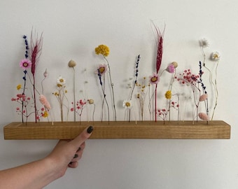 Barra floreale con fiori secchi | Fioregramma | prato fiorito | Decorazione della tavola | Decorazione murale | fiori secchi | Listello di legno | Estate