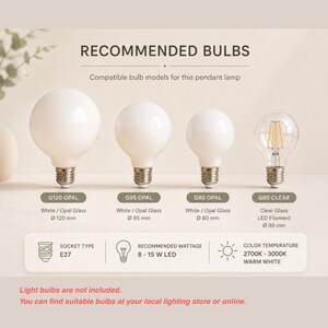 Op de afbeelding: Een overzicht getiteld RECOMMENDED BULBS met vier lampen: G120, G95 en G80 opaalglaslampen en een G80 heldere LED-filamentlamp. Het toont de E27-fitting, een wattage van 8-15 W LED en een kleurtemperatuur van 2700K-3000K warm wit licht.