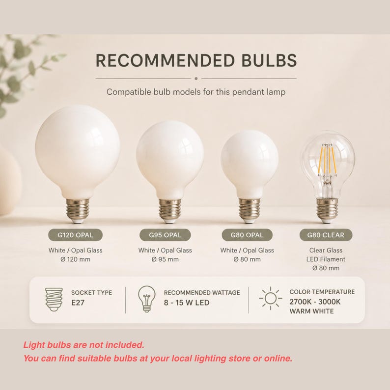 Op de afbeelding: Een overzicht getiteld RECOMMENDED BULBS met vier lampen: G120, G95 en G80 opaalglaslampen en een G80 heldere LED-filamentlamp. Het toont de E27-fitting, een wattage van 8-15 W LED en een kleurtemperatuur van 2700K-3000K warm wit licht.