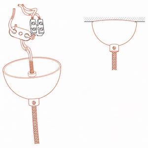 Op de afbeelding: Een technische lijntekening van een plafondkap-assemblage voor een verlichtingsarmatuur. De illustratie toont een halfronde koepel, een gevlochten snoer, een intern kroonsteentje en bedradingscomponenten voor montage aan het plafond.