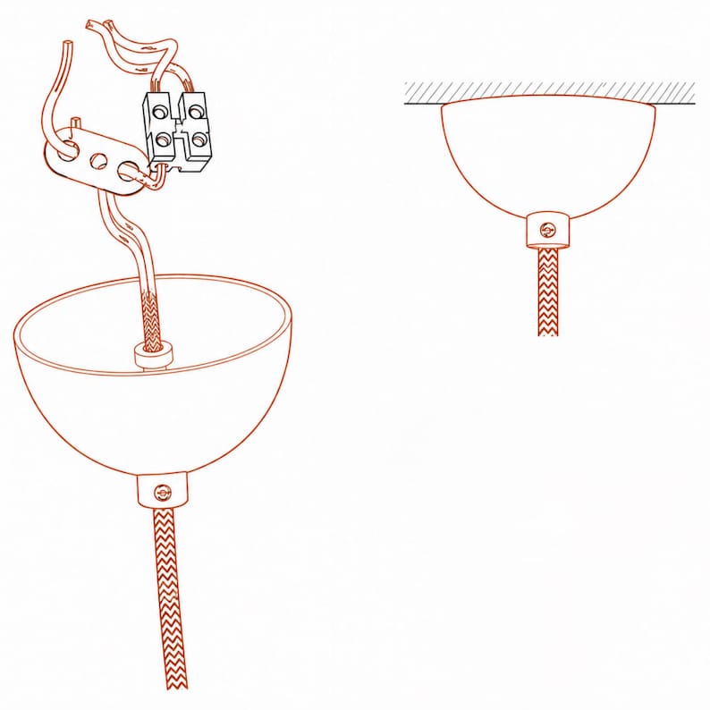 Op de afbeelding: Een technische lijntekening van een plafondkap-assemblage voor een verlichtingsarmatuur. De illustratie toont een halfronde koepel, een gevlochten snoer, een intern kroonsteentje en bedradingscomponenten voor montage aan het plafond.