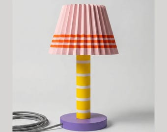 Candy-Pleat Table Lamp | Pink Pleated Shade, Yellow Column, Purple Base