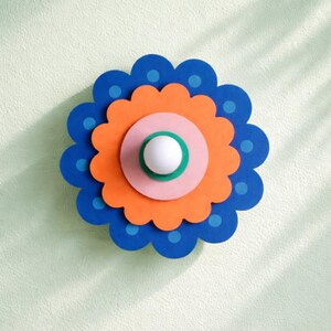May include: A layered, colourful flower design with a white centre. The flower features a blue, scalloped outer layer with blue dots, an orange middle layer, and a pink inner circle. The background is a light green.