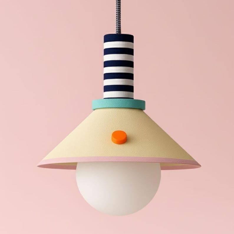 Op de afbeelding: Een hanglamp met een conische lichtgele kap met een roze rand en een klein oranje rond accent. Het bovenste gedeelte heeft een blauwgroene ring en een cilindrische hals met donkerblauwe en witte horizontale strepen, eindigend in een witte bol.