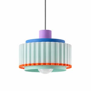 May include: A pendant light fitting featuring a cylindrical purple top, a blue circular base, and a wide, vertically fluted light blue shade. The bottom edge of the shade is trimmed with a bright orange scalloped border above a mint green ring.