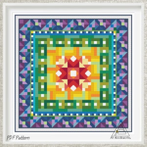 Könnte beinhalten: Ein farbenfrohes Kreuzstichmuster mit einem geometrischen Design, das einen Sternenausbruch in der Mitte zeigt. Das Muster ist von einem Rand aus Dreiecken und Quadraten in Blautönen, Grün, Lila und Gelb umgeben.