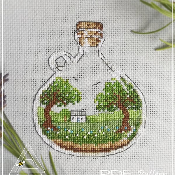 Cottage Hideaway cross stitch pattern, PDF Digital download, glass bottle, nature, landscape